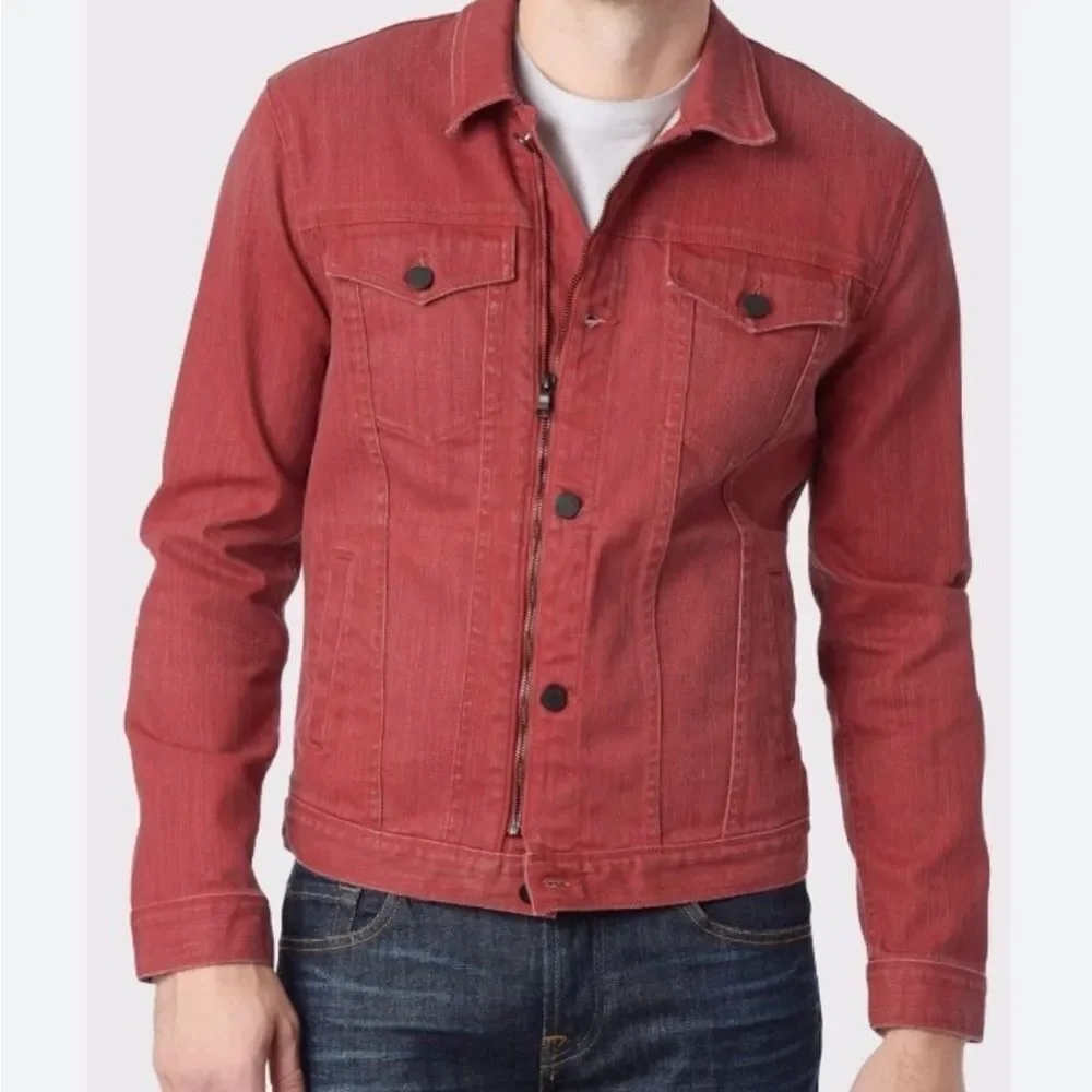 7 For All Mankind Red Distressed Denim Button Zip Closure Pockets Jacket Modern